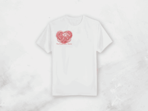 White short-sleeved T-shirt with the pink and gold Endurance Diaries heart and bicycle logo.