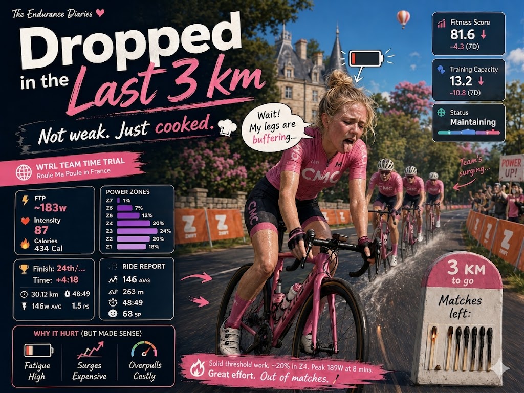 zwift team time trial ride report showing power zones, heart rate and final race results on roule ma poule