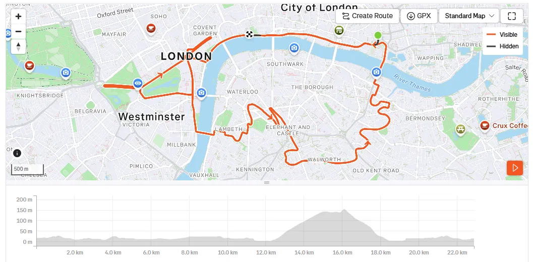 We Started With 7, Finished With 4: A London 8 Box Hill TTT Story London 8 route map through central London with the elevation profile showing the Box Hill climb in the final third