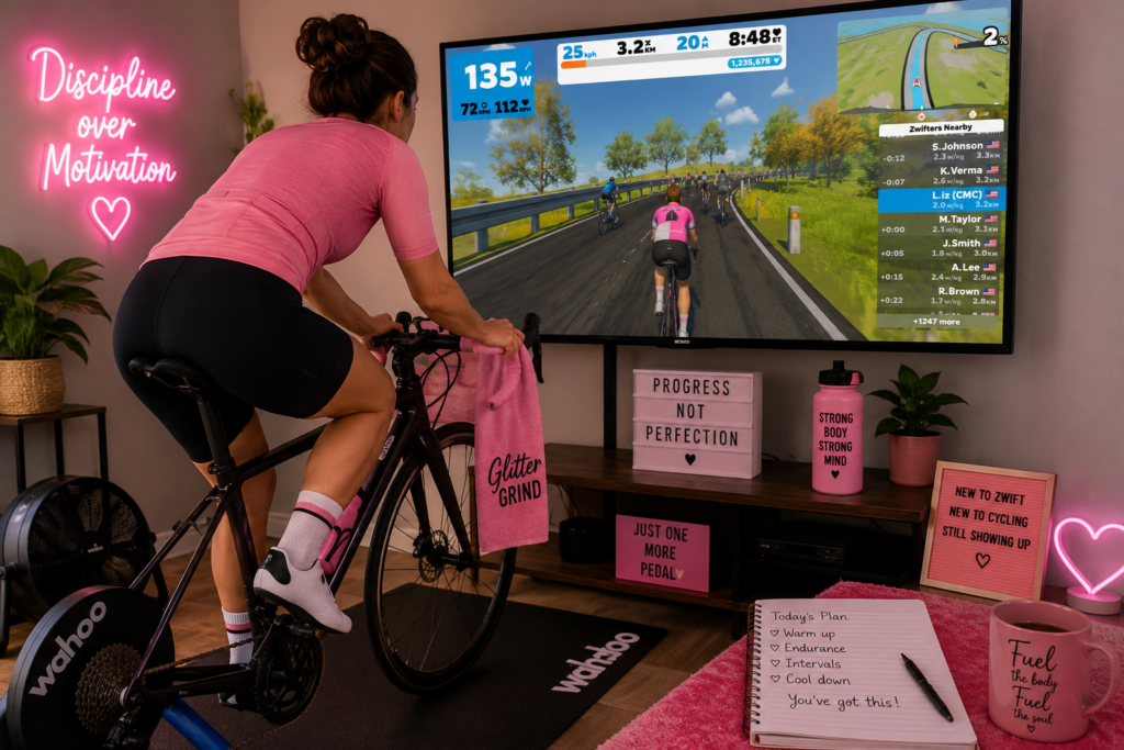 Your First 4 Weeks on Zwift: A Beginner Training Plan beginner cyclist on an indoor smart trainer following a zwift workout on screen