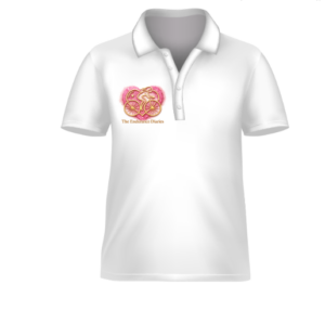White collared golf shirt with the pink and gold Endurance Diaries heart logo.