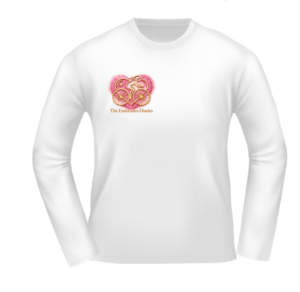 White long-sleeved T-shirt with the pink and gold Endurance Diaries heart logo.