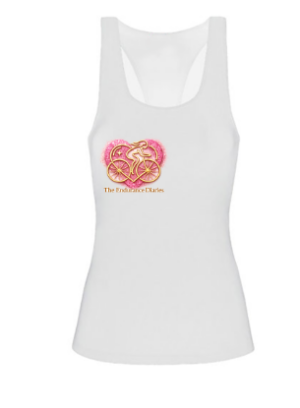 White racerback vest with the pink and gold Endurance Diaries heart logo.