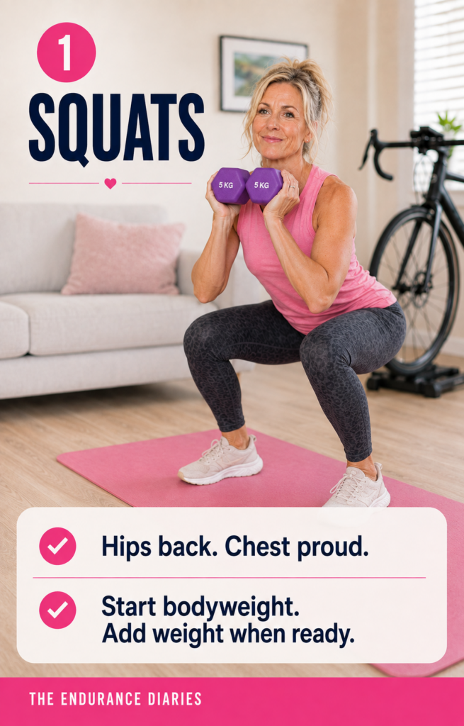 Squats — bodyweight first, then holding something. The single most useful thing on this list.