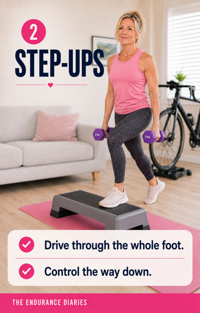 Step-ups — onto a step or a low bench, one leg at a time, controlled on the way down. This one is quietly brutal.