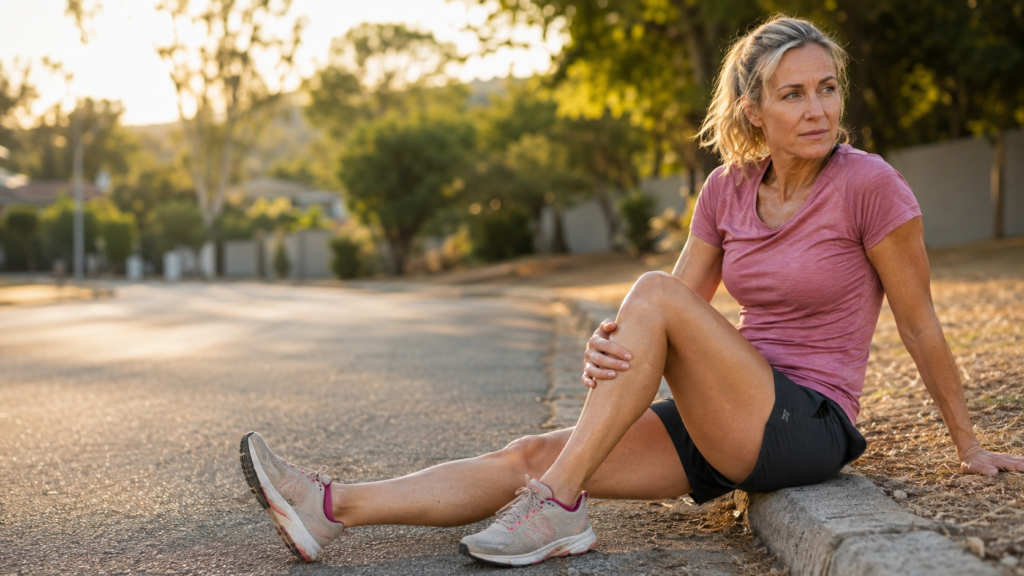 A runner sitting on a kerb in running kit with one hand resting on her knee