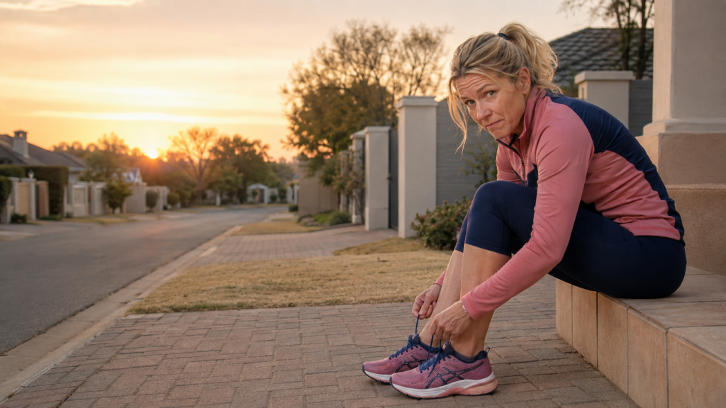 Running shoes on a South African suburban pavement
