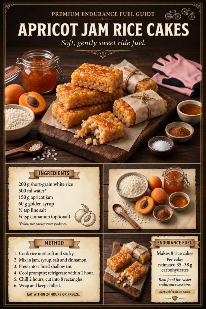 Apricot Jam Rice Cakes Apricot Jam Rice Cakes recipe poster with ingredients, method and estimated carbohydrates