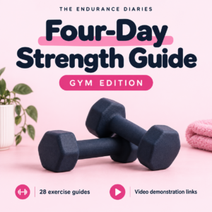The Endurance Diaries Four-Day Strength Guide, gym edition, with navy dumbbells on a pink background.