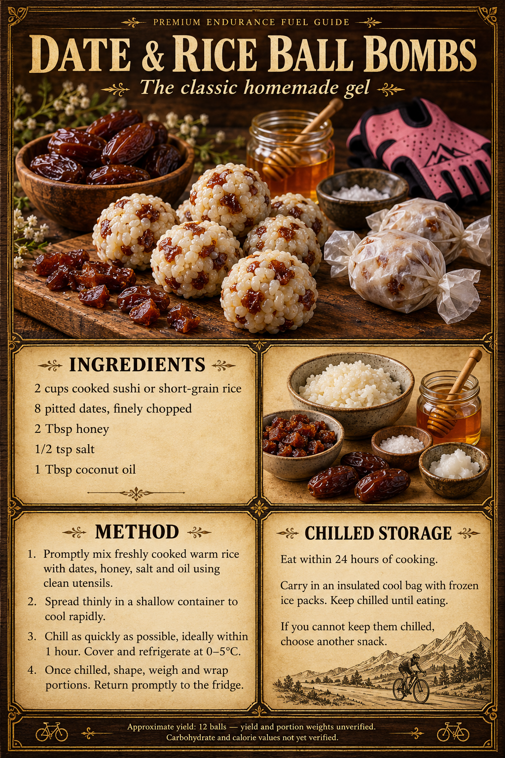 Recipes 🩷 Date & Rice Ball Bombs revised recipe poster. Full safety instructions and nutrition verification note follow.