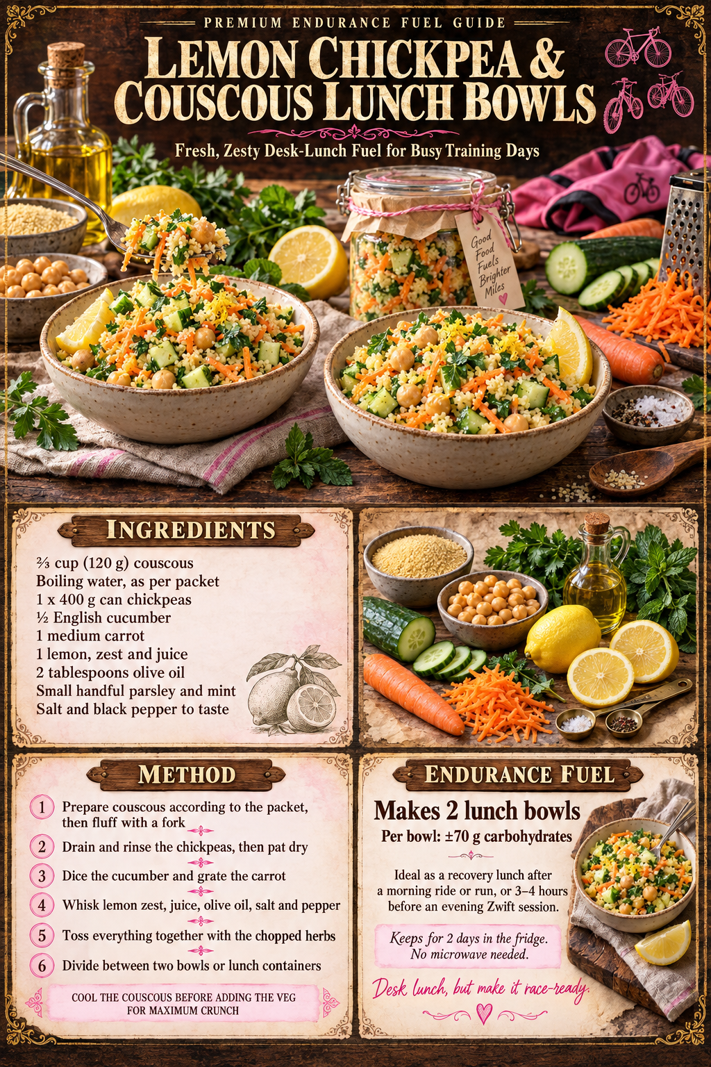 Recipes 🩷 Vintage recipe poster for lemon chickpea and couscous lunch bowls, with ingredients, method and storage guidance.