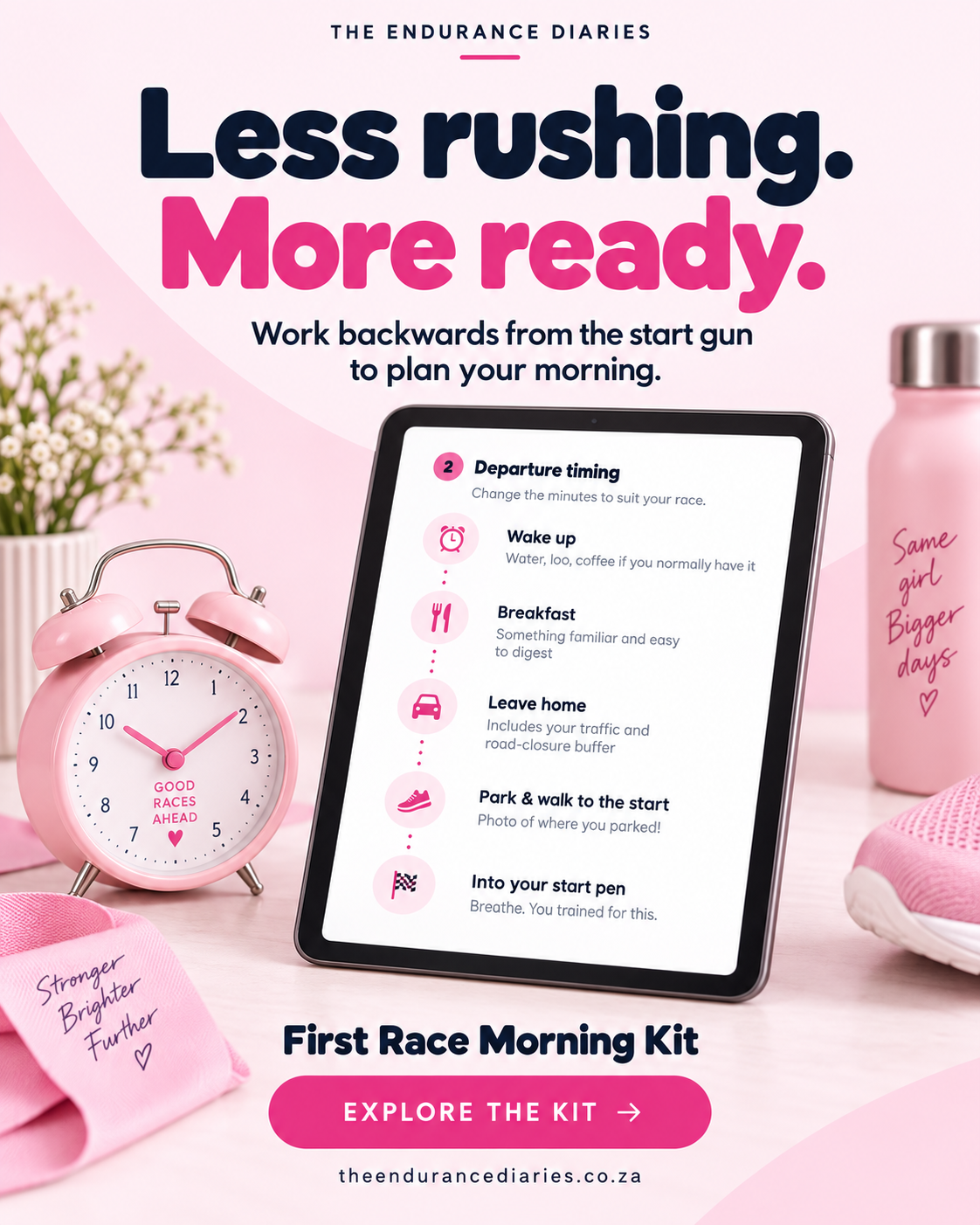 chatgpt image 2 oct 2026, 18 14 10 First Race Morning Kit preview showing a departure timeline on a tablet beside a pink alarm clock and bottle.