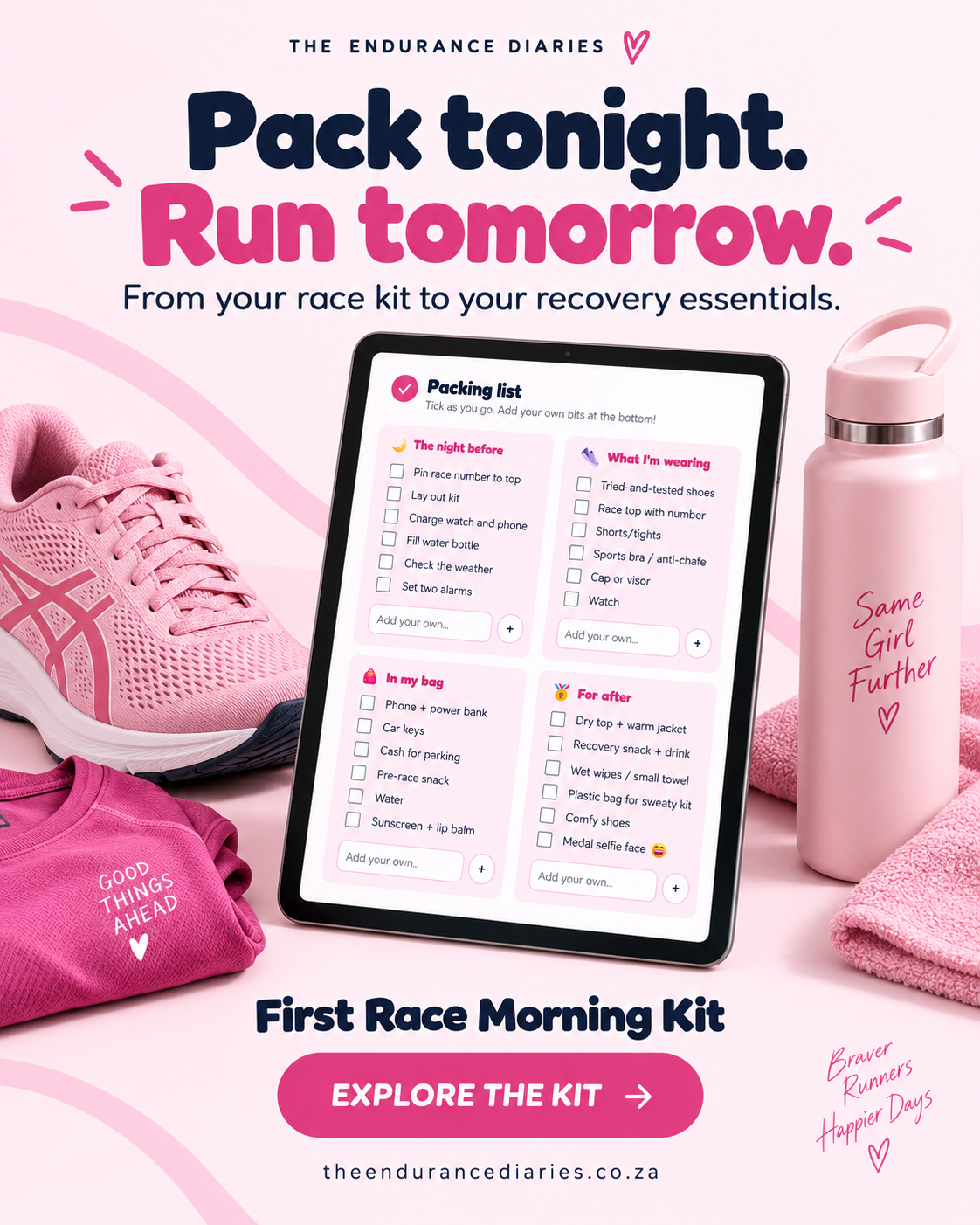 chatgpt image 2 oct 2026, 18 14 27 First Race Morning Kit packing checklist on a tablet beside pink running shoes, a kit bag and water bottle.