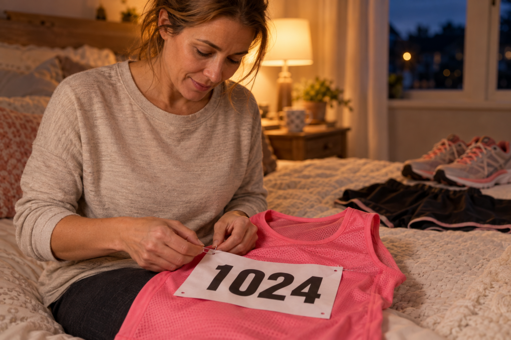 pinning her first 10k race bib