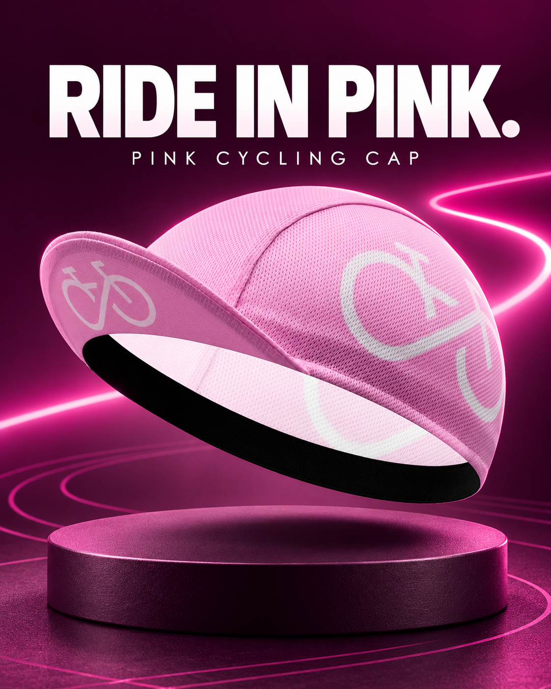 r100 Pink cycling cap with white bicycle motifs and a short peak.