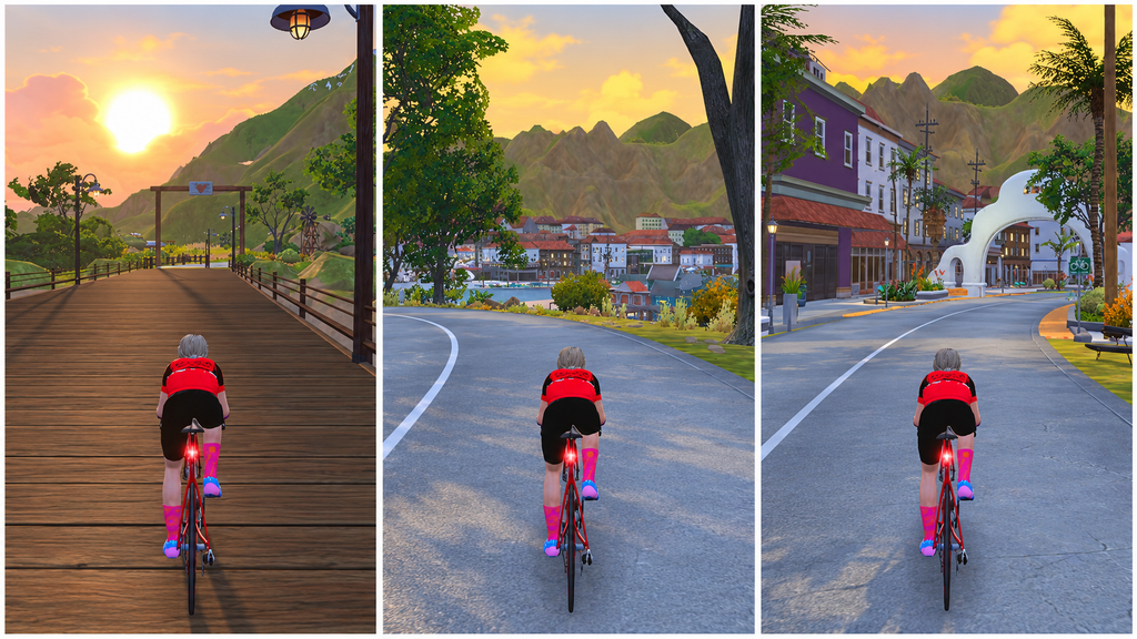 zwift triptych bridge, mountains, and town