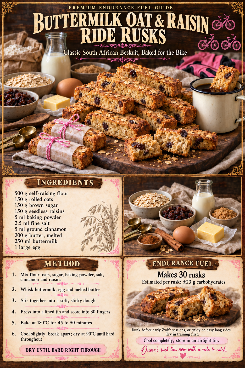 Recipes 🩷 Vintage Buttermilk Oat and Raisin Ride Rusks recipe poster with ingredients, method and estimated carbohydrate guide.