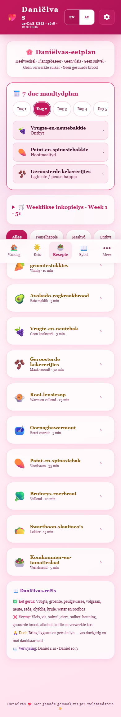 Sunday planning, weekday focus Daniel Fast Afrikaans meal plan with Dag 2 selected.