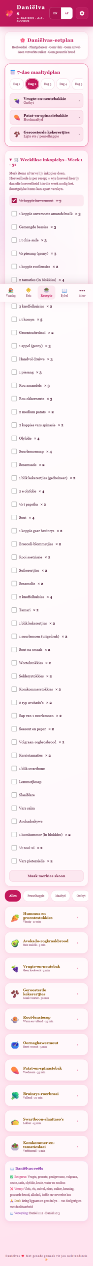 Sunday planning, weekday focus Afrikaans weekly shopping list with a demo item ticked.