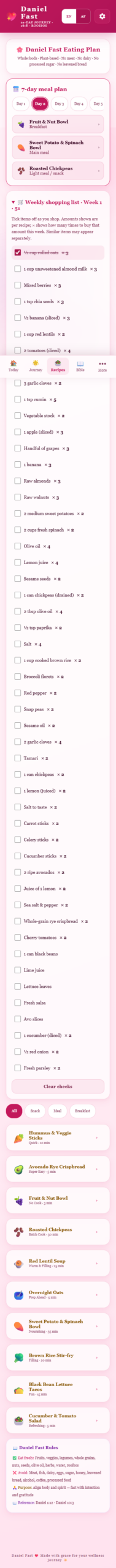 Sunday planning, weekday focus English weekly shopping list with a demo item ticked.