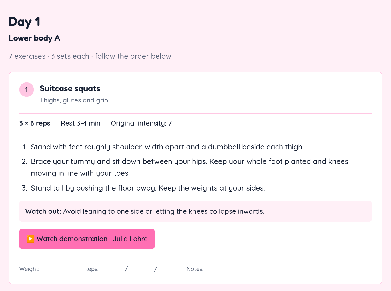 Four-Day Strength Guide — Day 1 preview Day 1 of the Four-Day Strength Guide: Suitcase squats — Lower body A, with sets, reps, instructions and demonstration link.