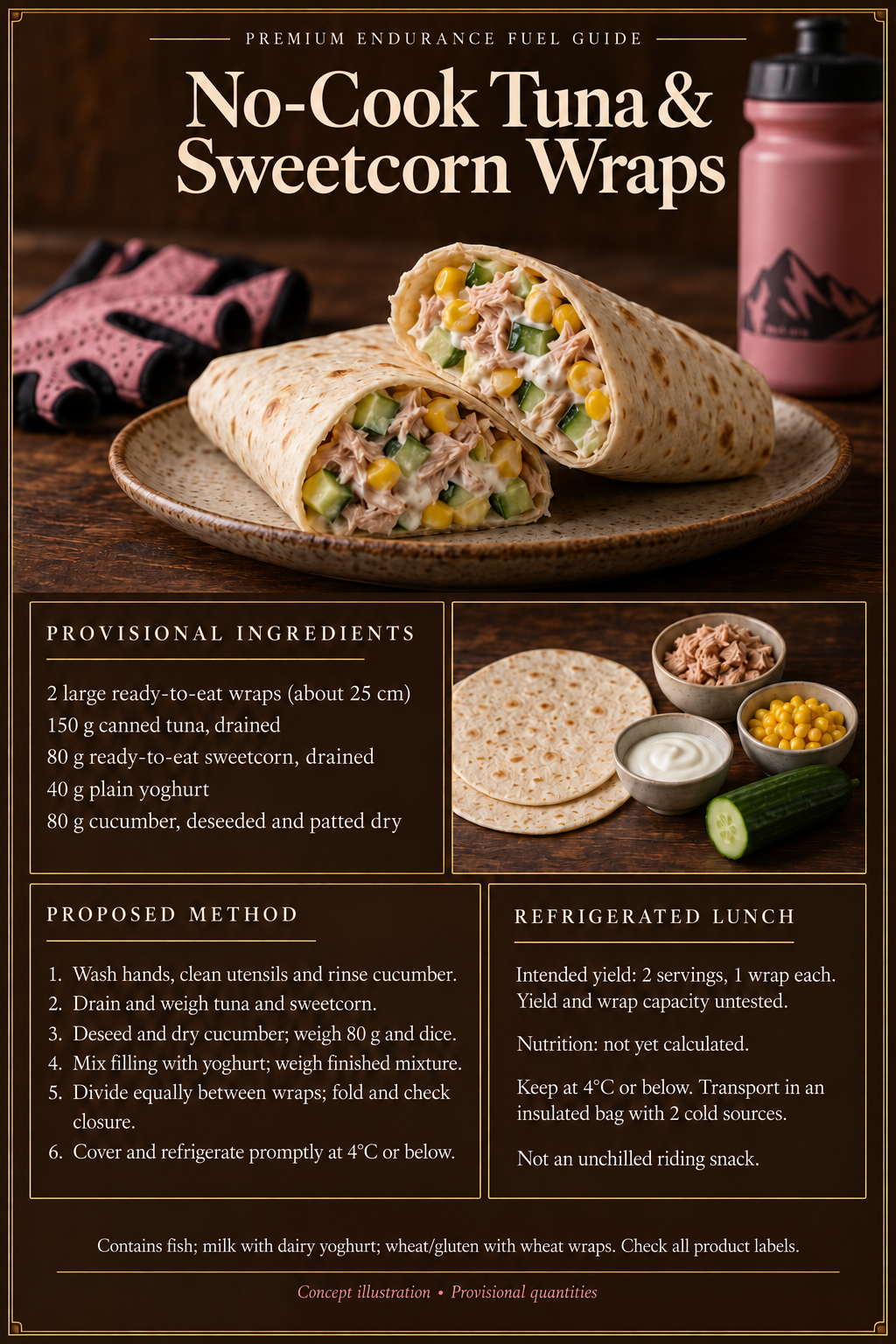 Recipes 🩷 No-Cook Tuna and Sweetcorn Wraps poster with wrap illustration, provisional ingredients, six preparation steps and refrigerated-lunch guidance; intended yield two servings, one wrap each.