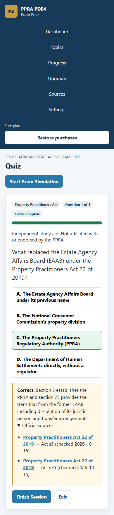 PDE4: one question, an explanation, then topic revision Correct PPRA answer with explanation and official source links expanded.