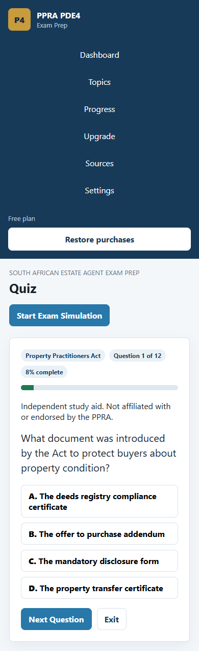 PDE4: one question, an explanation, then topic revision PDE4 Property Practitioners Act topic revision screen.