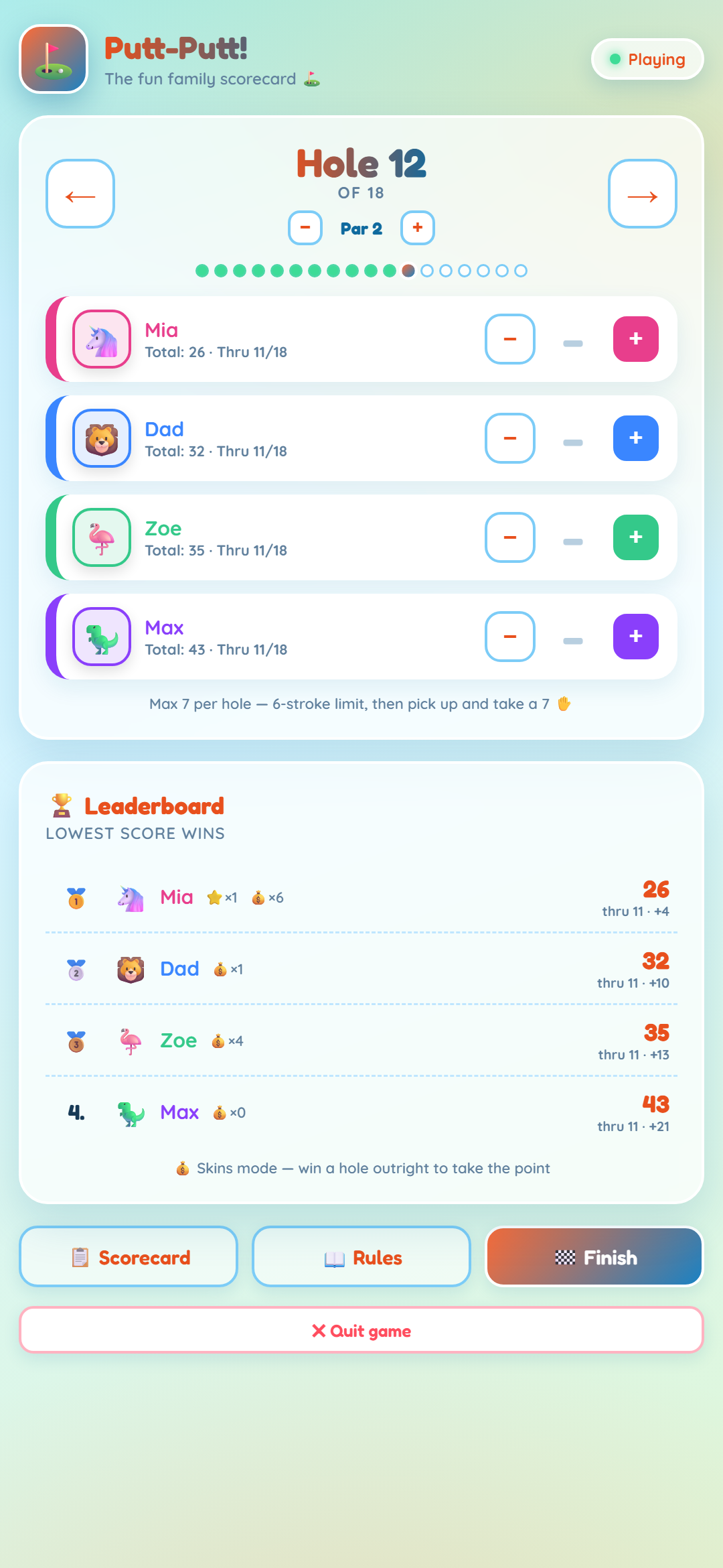 My Apps🩷 Putt-Putt player names and total scores