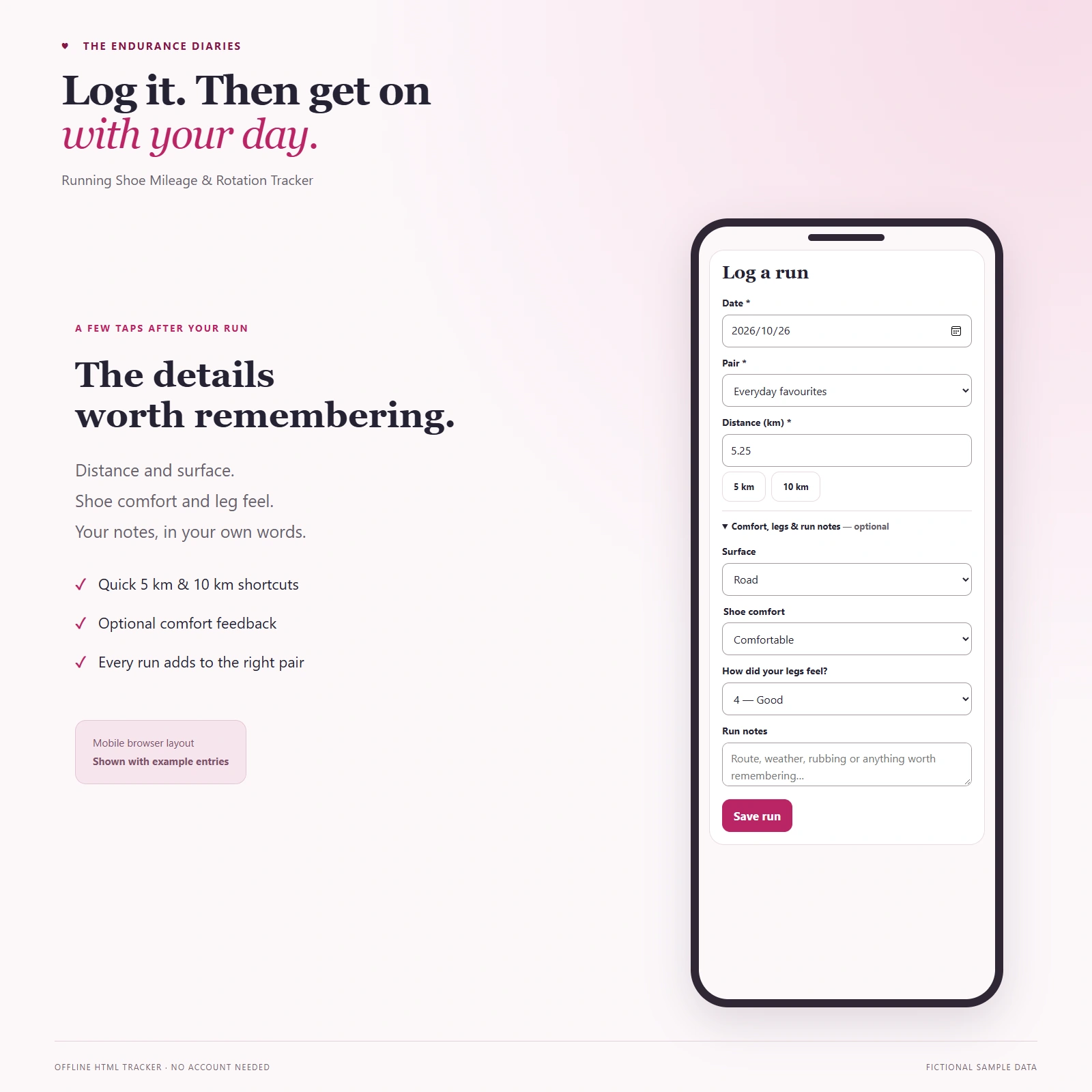 running log mobile view Mobile running log form with fields for date, shoe, distance, surface, comfort and run notes.