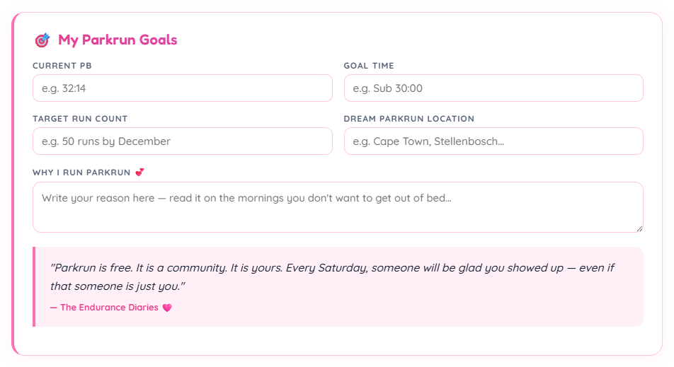 Parkrun Tracker complete goals section Parkrun Tracker complete goals section