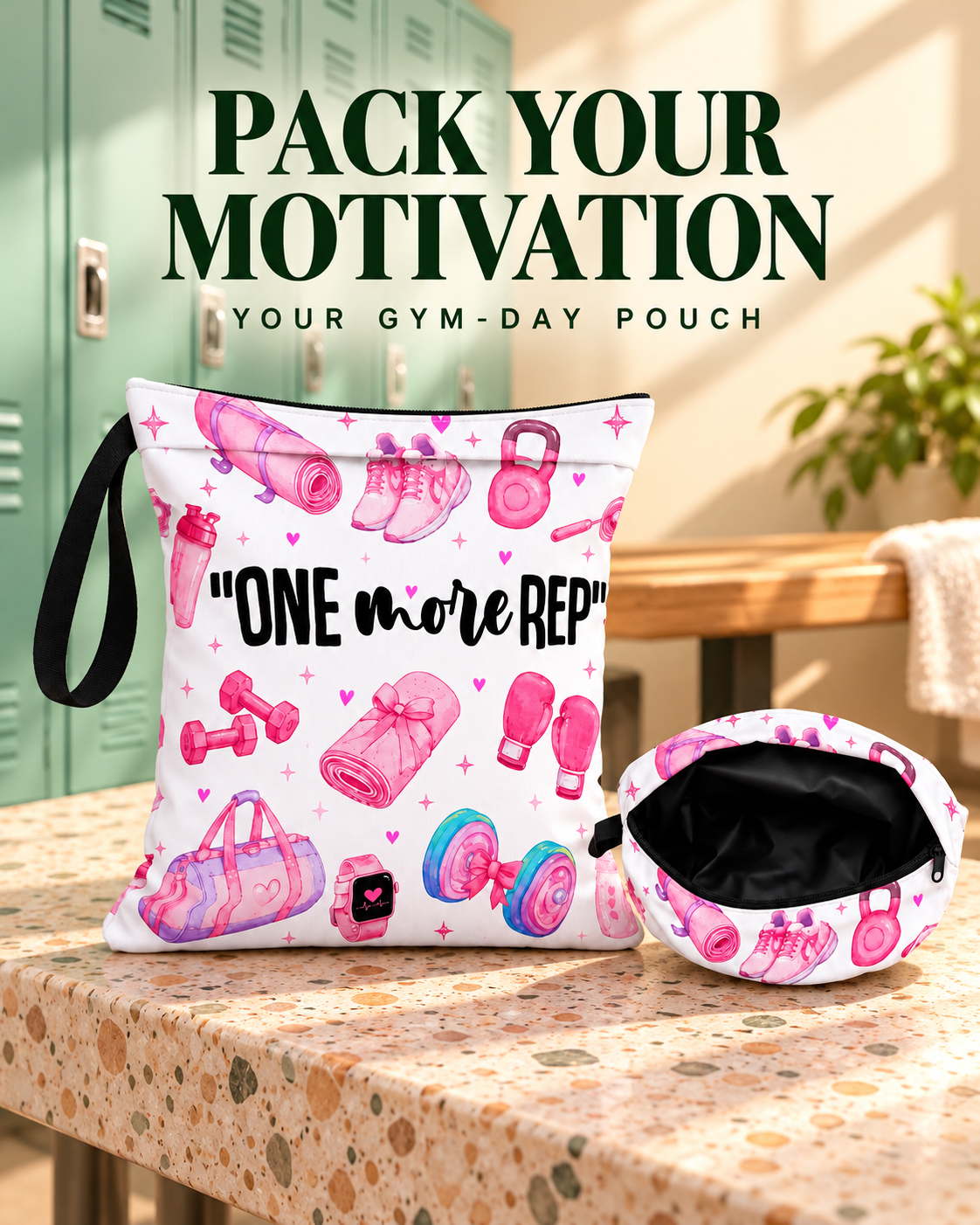 One More Rep Wet Bag with upright and open pouch views fully visible One More Rep Wet Bag with upright and open pouch views fully visible