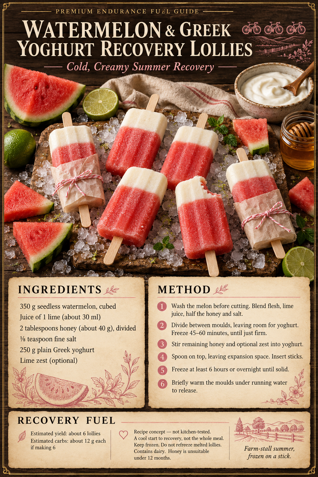 Vintage watermelon and Greek yoghurt recovery lollies recipe poster, with ingredients, method and estimated nutrition.